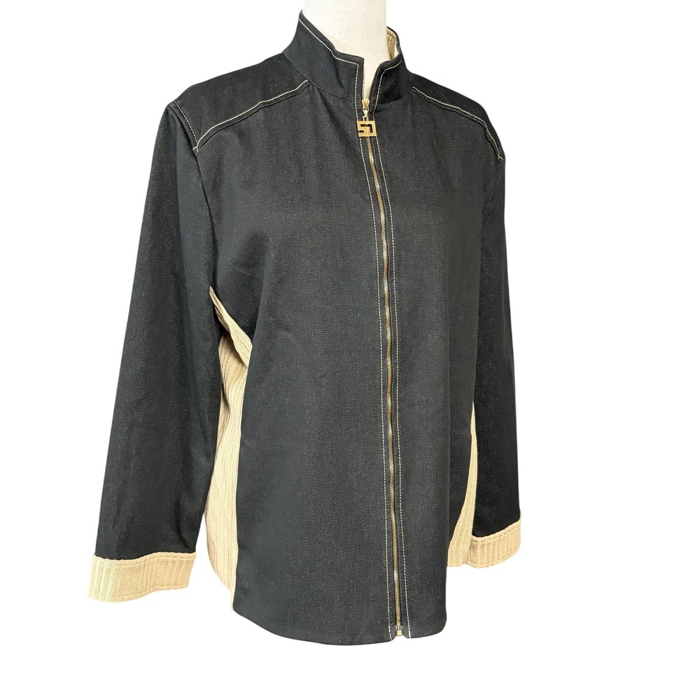 Vintage St John Sport Jacket Womens Medium Black Denim Logo Zip USA 2000s